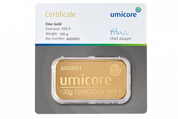 Umicore 100 gram goudbaar