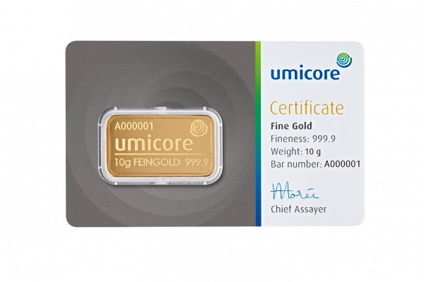Umicore 10 gram goudbaar met certificaat