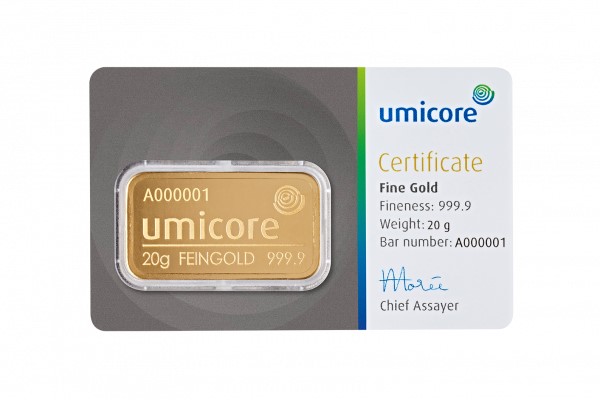 Umicore 20 gram goudbaar met certificaat