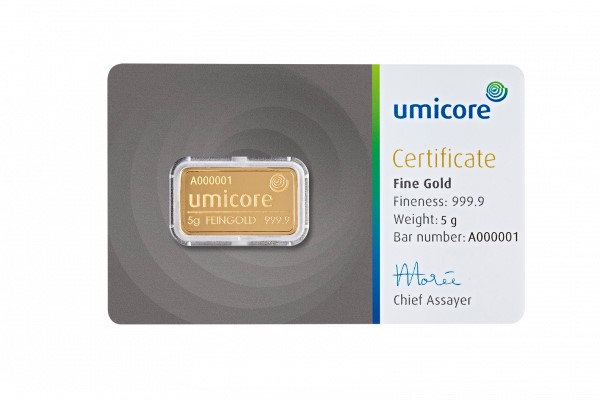 Umicore 5 gram goudbaar met certificaat