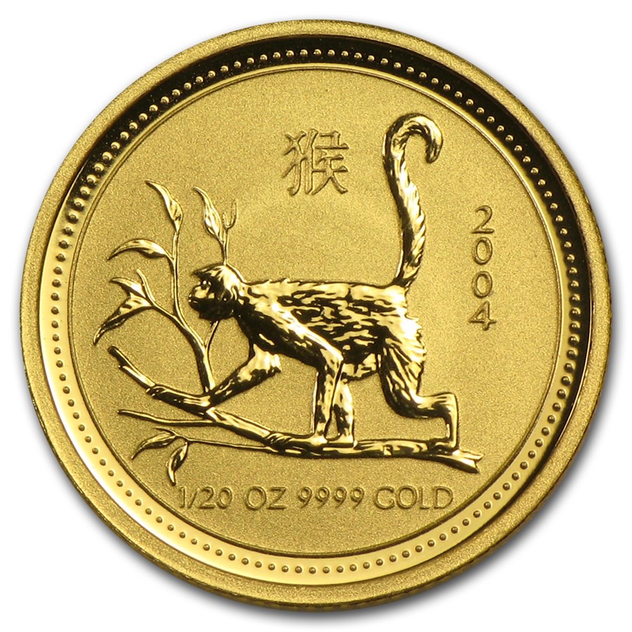 Gouden Lunar 1 0.05 oz 2004 met jaartal 101munten year of the monkey