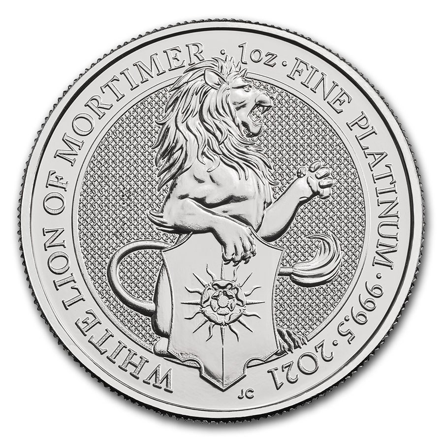 Platina Queens Beast White Lion of Mortimer 1 oz 2021 voorkant 101munten
