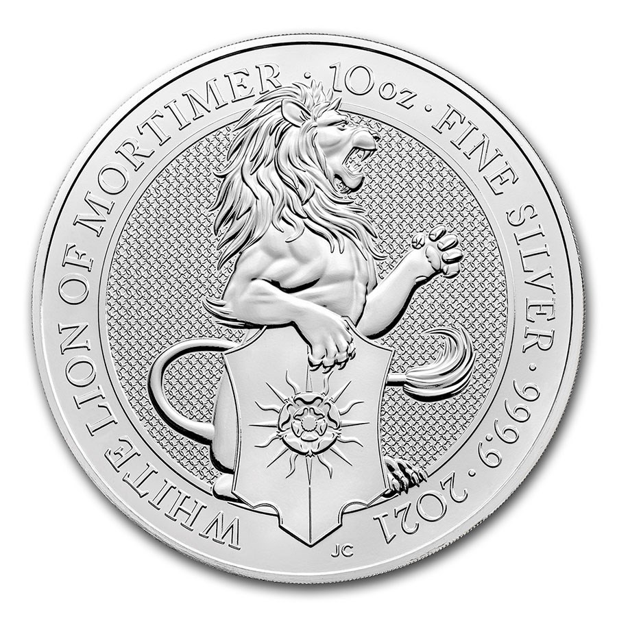 Queens Beast 10 oz White Lion of Mortimer voorkant 101munten lion of mortimer