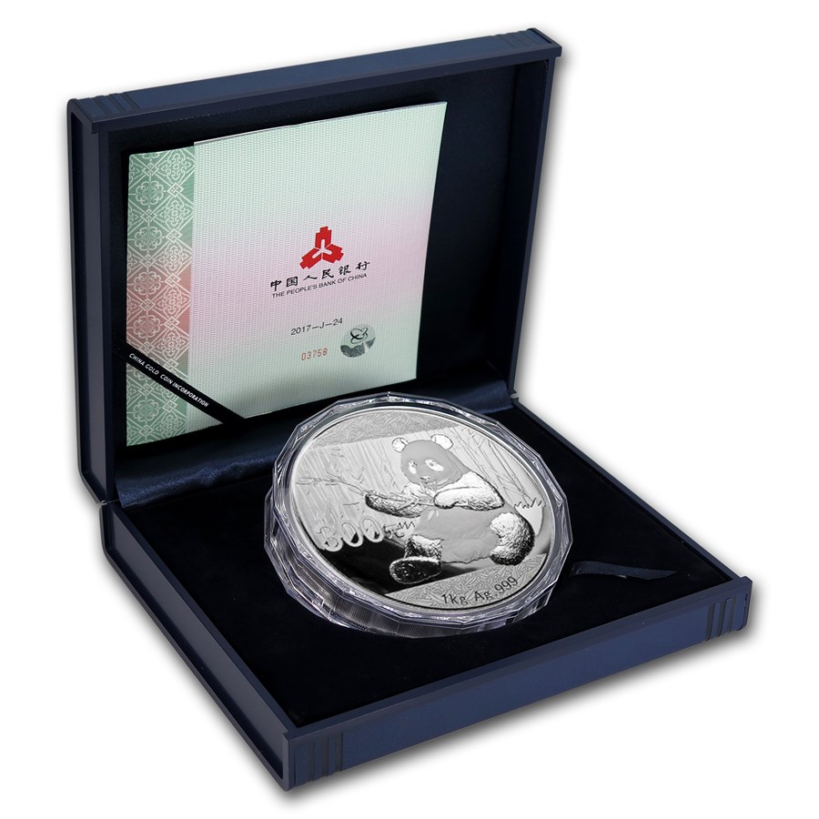 China Panda 1 kg 2017 voorkant met doos 101munten china panda 1 kg 2017