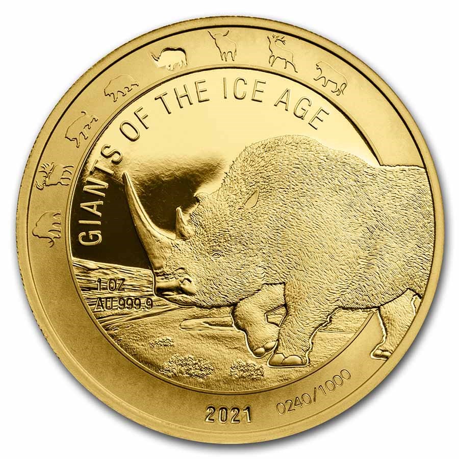 Gouden Giants of the Ice Age Wooly Rhino 1 oz 2021 front 101munten Gouden Ghana Giants of the Ice Age 1 oz 2021 Woolly Rhino (1.000 oplage)