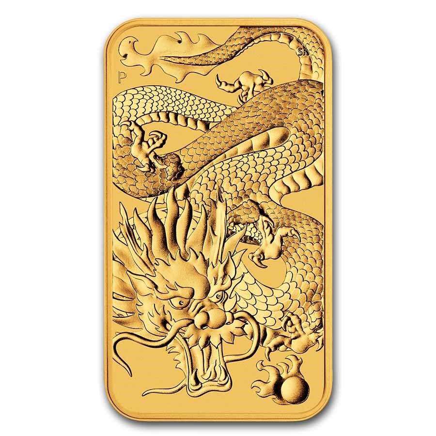 Gouden 1 oz Rectangle 2022 voorkant 101munten Gouden Rectangle dragon muntbaar 1 oz 2022