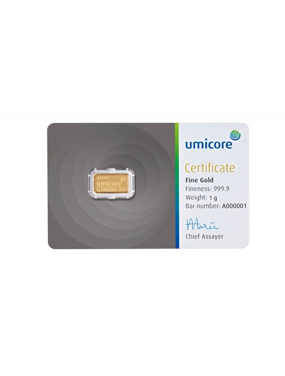 1 gram goudbaar Umicore certificaat voorkant 101munten Umicore 1 gram goudbaar