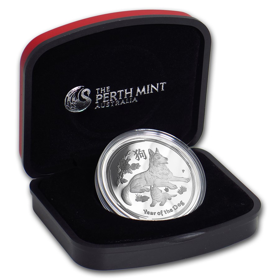 Lunar II 1 oz 2018 PROOF High Relief met doos open 101munten year of the dog