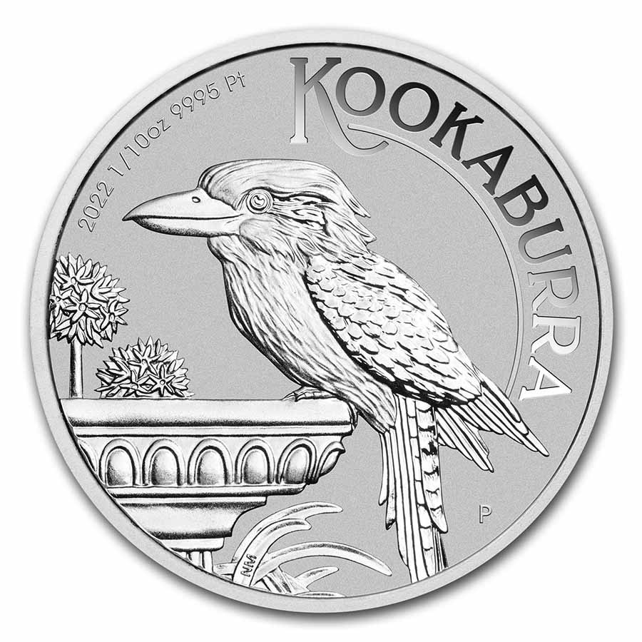 Platina Kookaburra 0.10 oz 2022 voorkant 101munten Platina Kookaburra 1/10 oz 2022