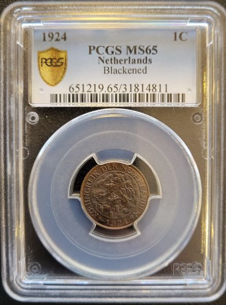 1 cent 1924 MS65 PCGS Blackened, Top Pop - Koningin Wilhelmina 1 cent