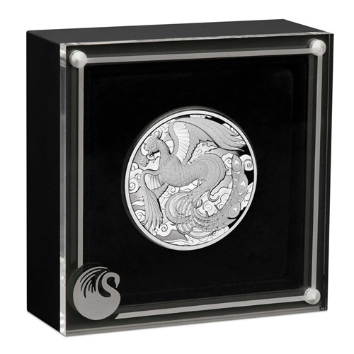 Chinese Myths and Legands - 2 oz 2022 Phoenix Proof High Relief voorkant in doos schuin 101munten