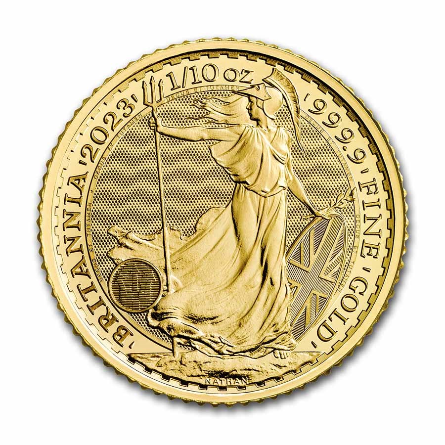 1.10 brit.2023 101muntennl front gouden Britannia 1/10 oz 2023