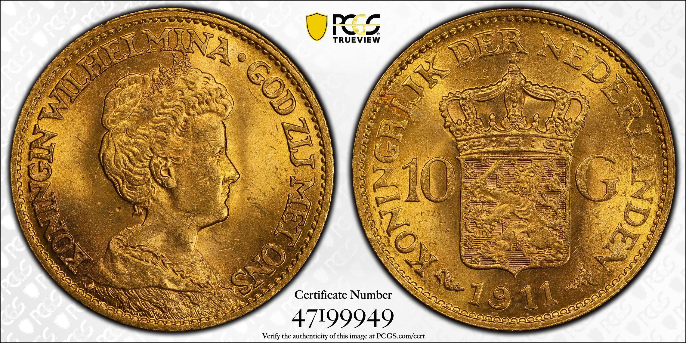 10 gulden 1911 MS64 PCGS Trueview 10 gulden 1911 MS64 PCGS