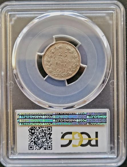 25C 1901 PCGS MS62 curled 25 101muntennl back