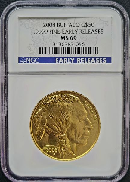 Buffalo 1oz goud 2008 NGC MS69 front 101muntennl Early Releases Gouden American Buffalo 1 oz 2008 NGC MS69