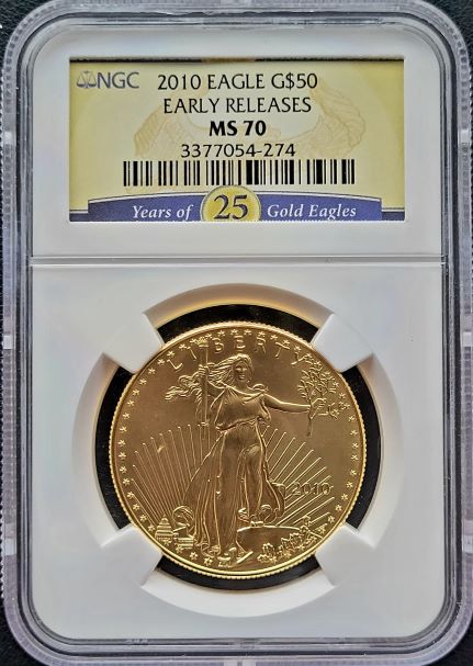 Gold eagle 1oz 2010 NGC MS70 early releases- 25 years of gold eagles 101muntennl front Gouden American Eagle 1 oz 2010 NGC MS70