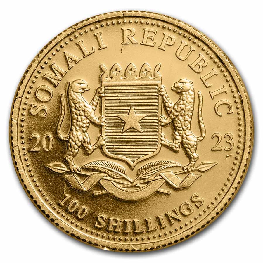 Gouden Somalische olifant 0.1 oz 2023 back 101munten
