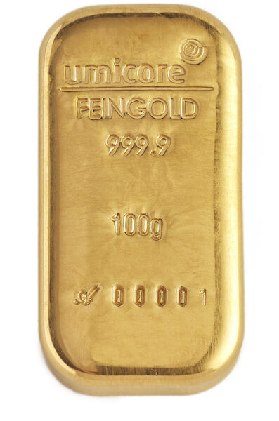 100 gram goudbaar Gegoten Umicore