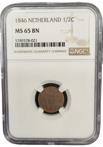 0.5 cent Ned. 1846 MS65BN 101muntennl front 1/2 Cent 1846 BN NGC slab MS65 BN