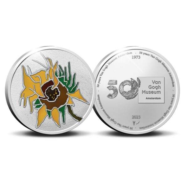 50 jaar Van Gogh Museum 5 oz zilver penning met kleur. Van Gogh Zonnebloemen