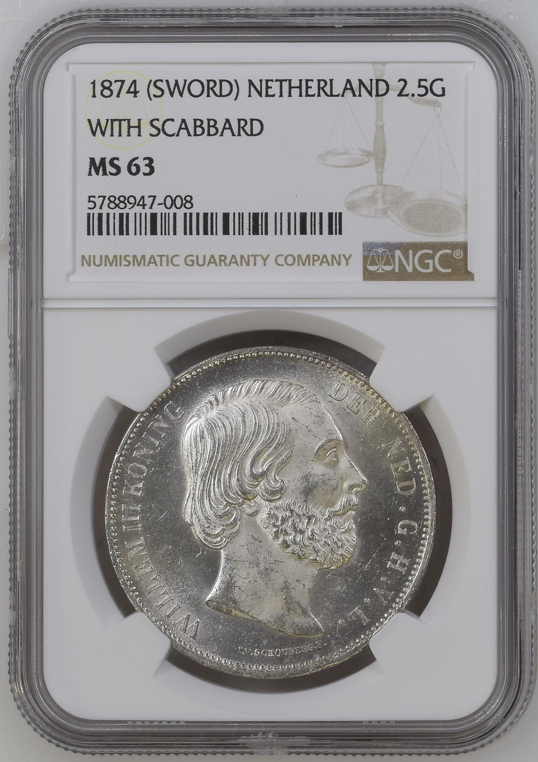 2.5 gulden 1874 scabbard MS63 NGC obverse 2 1/2 gulden 1874 scabbard MS63 NGC obverse