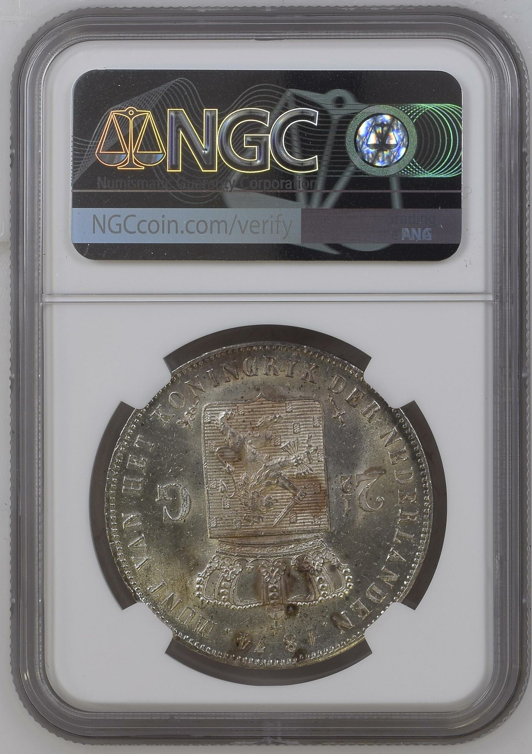2.5 gulden 1874 scabbard MS63 NGC 2 1/2 gulden 1874 scabbard MS63 NGC obverse