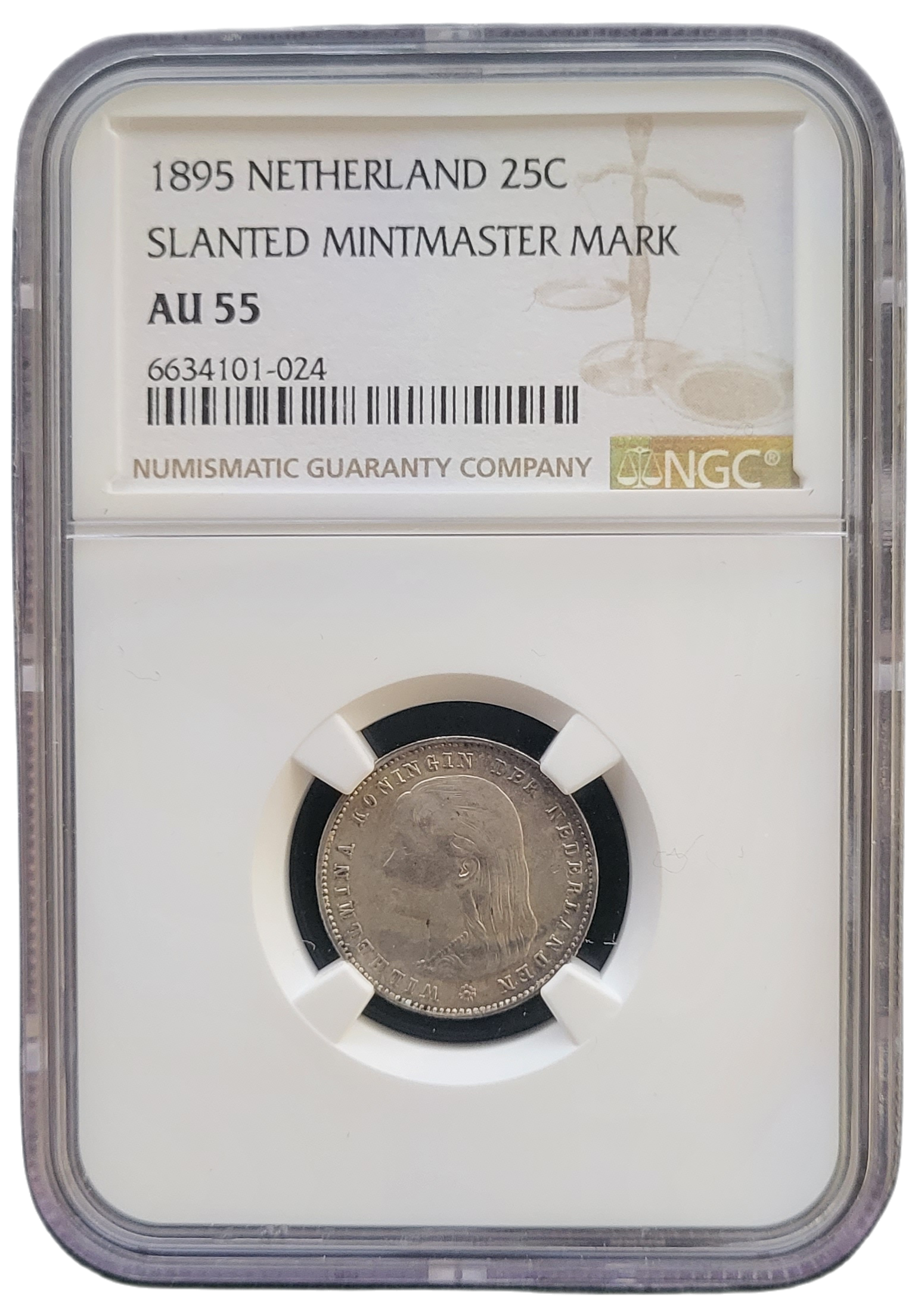 25C 1895 NGC Slanted Mintmaster Mark front 25 cent 1895 schuin muntmeesterteken