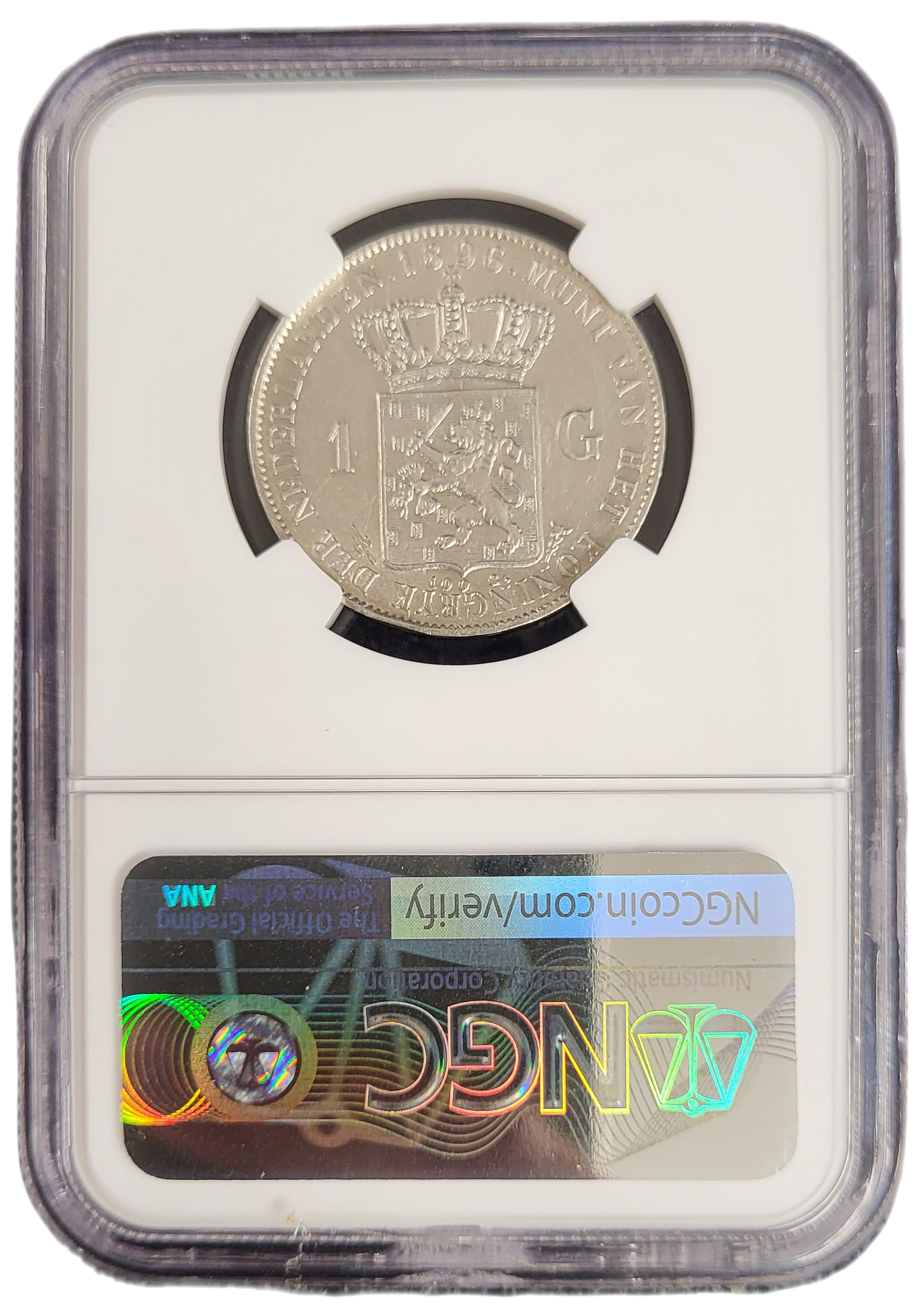 Koningin Wilhelmina 1 gulden 1896 AU55 NGC-back