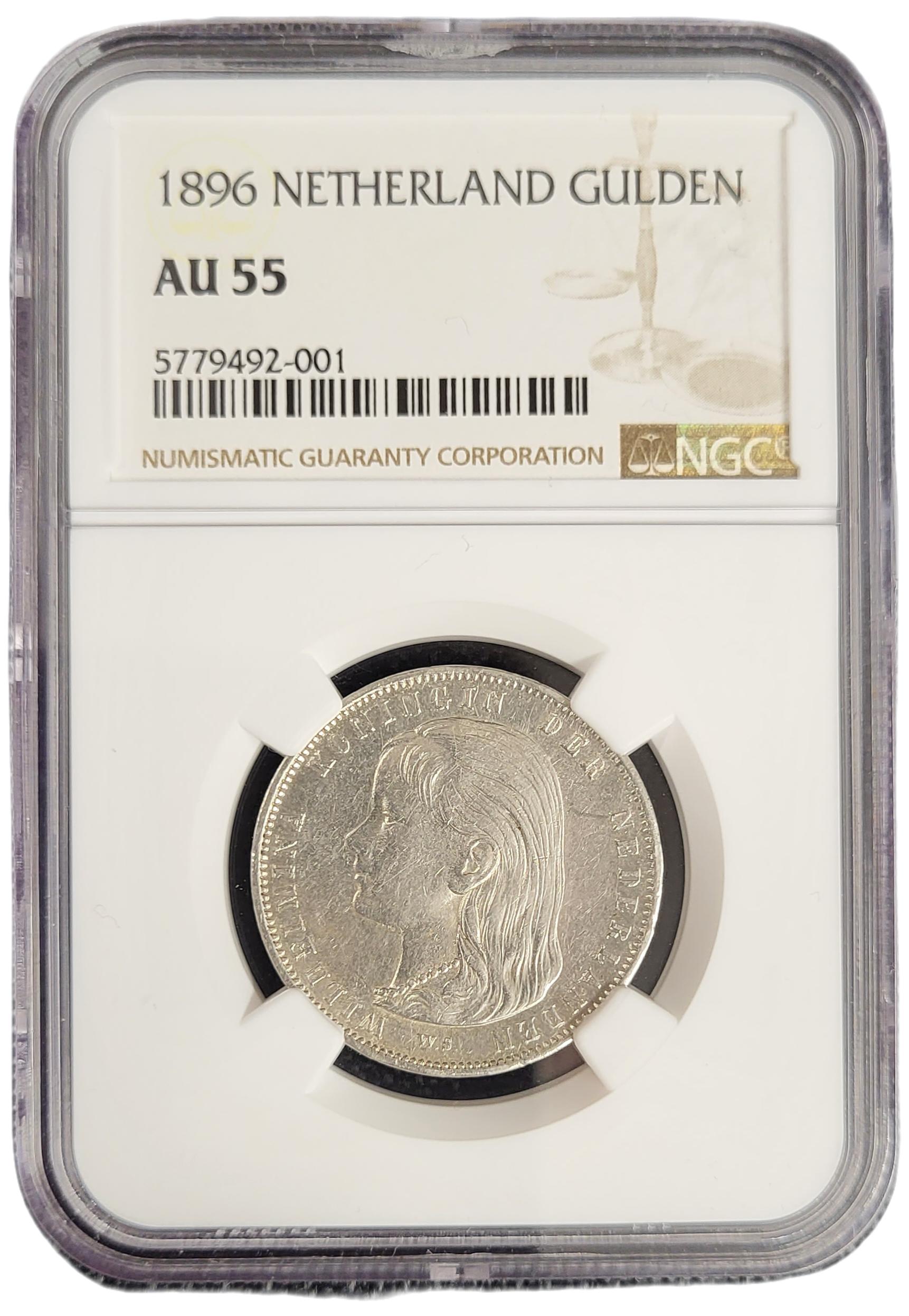 Koningin Wilhelmina 1 gulden 1896 AU55 NGC-front