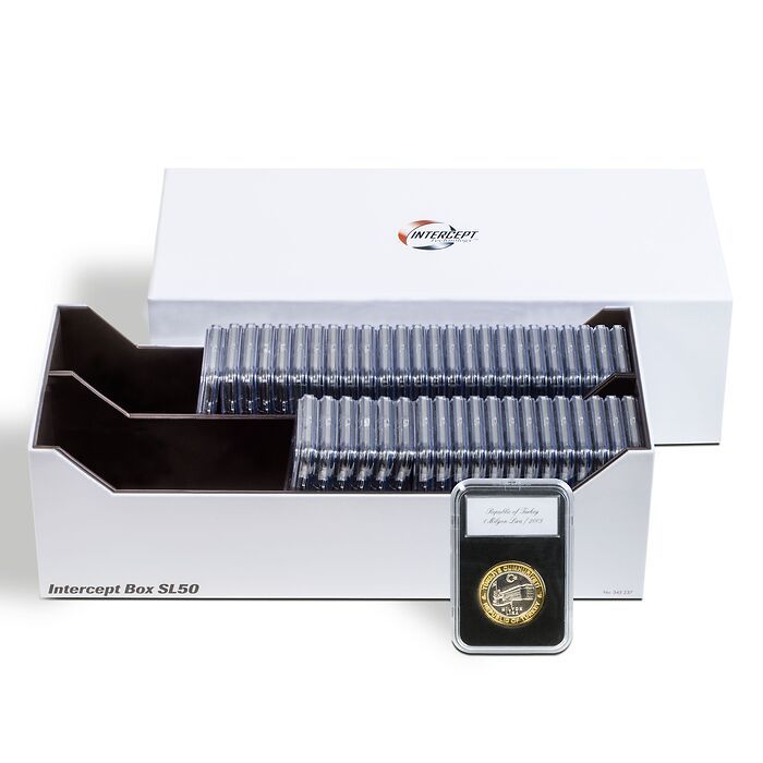 intercept-box-sl-50-for-50-slabs-front Zichtdoos voor 24 munten (Leuchtturm) Zeer praktische transport/opslag doos voor uw munten met een maximale diameter van 42 mm, deze bied plek aan 24 munten. Deze zichtdozen zijn stapelbaar en zijn voorzien van een transparante deksel. Kwaliteit: rechtstreeks van de producent. Marktplaats Indien u dit artikel via marktplaats bekijkt, dient u 21% (zijnde de BTW) bij de prijs op te tellen.