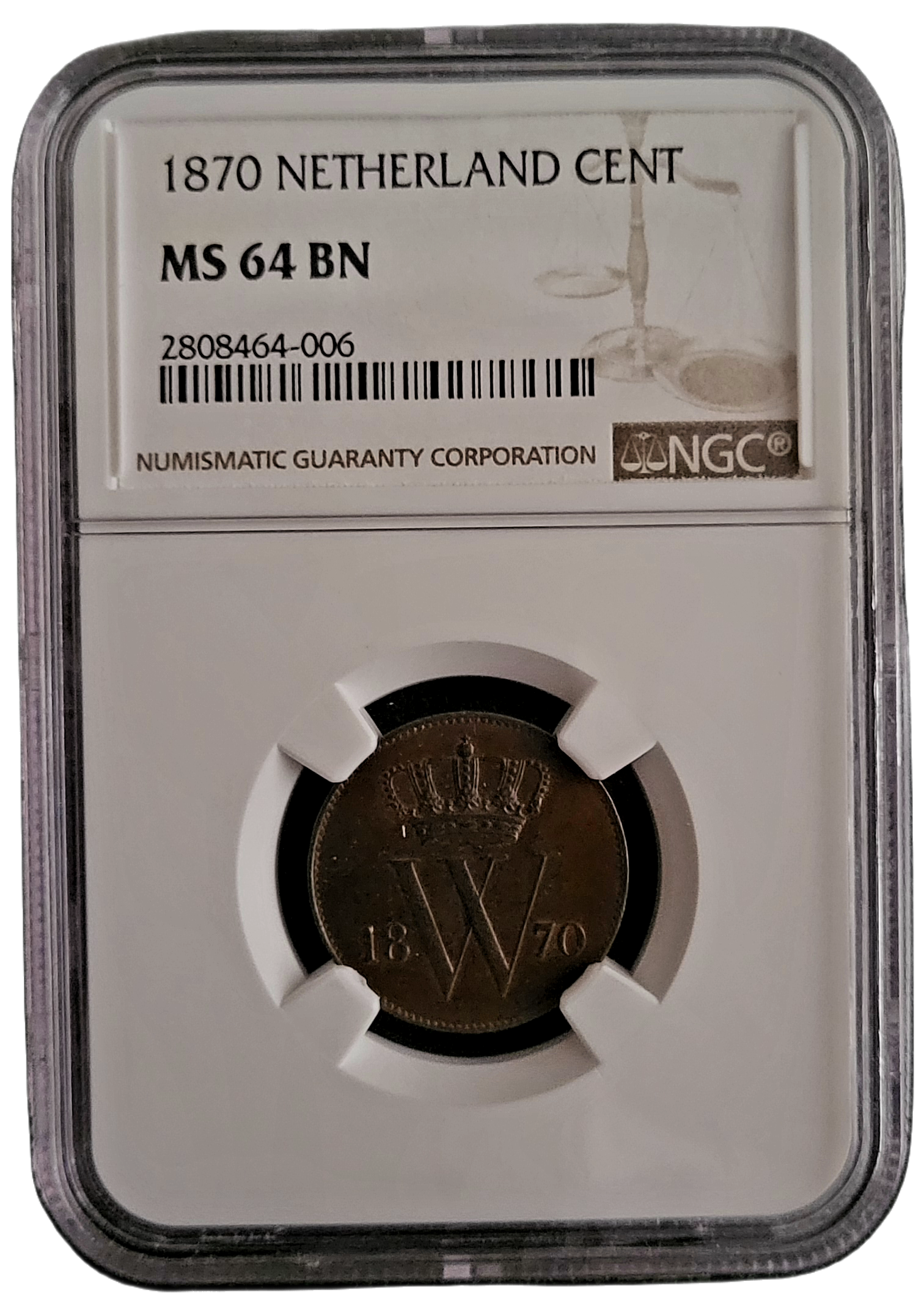 1 ct 1870 ms64bn NGC vz 1 cent 1870 Willem III, authentiek MS64 BN Ngc