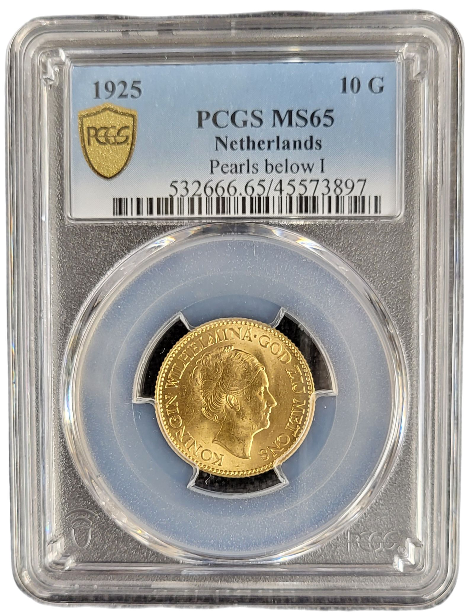 Gouden 10G 1925 PCGS MS66 pearls below Front 10 gulden 1925 parel onder I