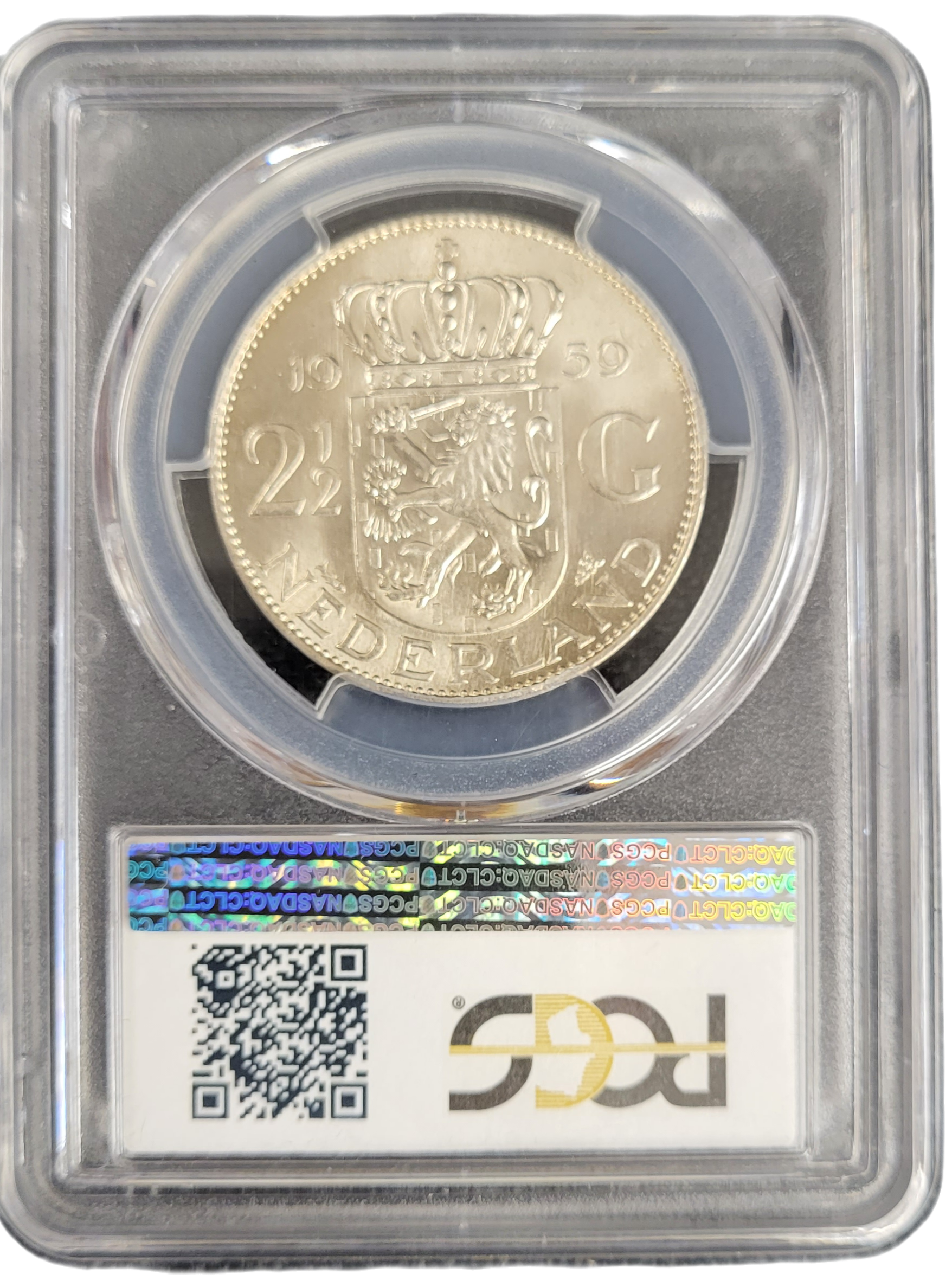 Koningin Juliana zilveren 2 1.2 gulden 1959 MS65 PCGS-back
