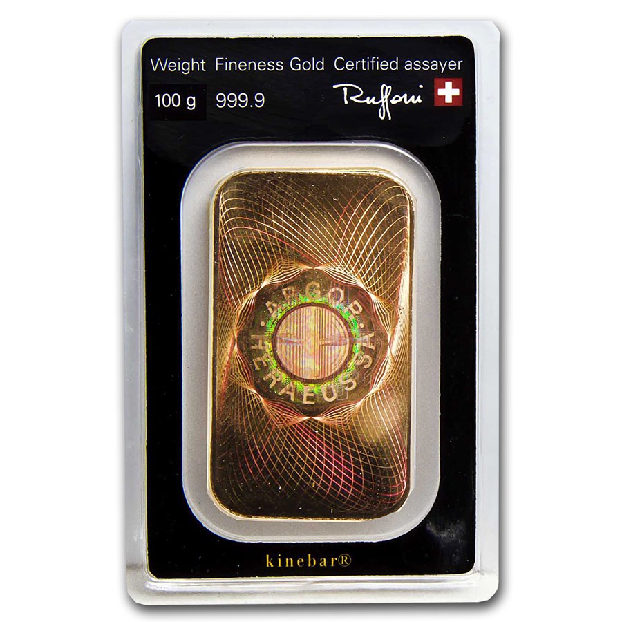 100 gram goudbaar - Argor-Heraeus Kinebar (met certificaat) -back