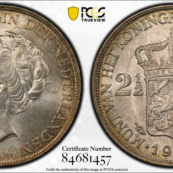 Wilhelmina 2 1/2 gulden 1938 PCGS MS63 normaal haar