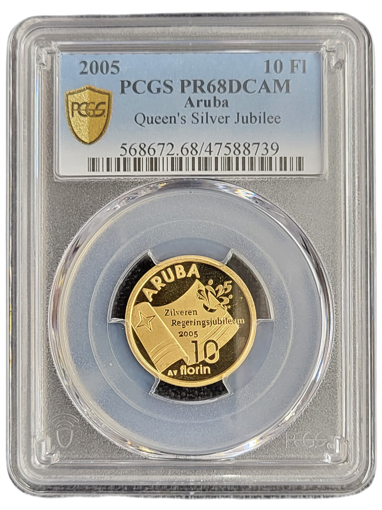 Aruba gouden 10 florin 2005 zilveren regeringsjubileum PR68 DCAM PCGS-front