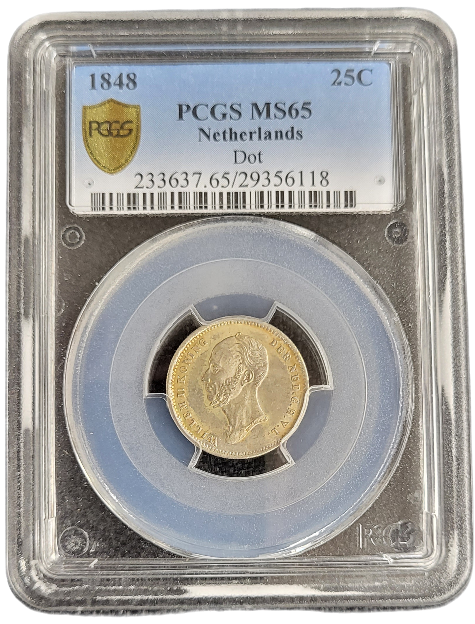 Koning Willem II 25 cent 1848 met punt MS65 PCGS-front