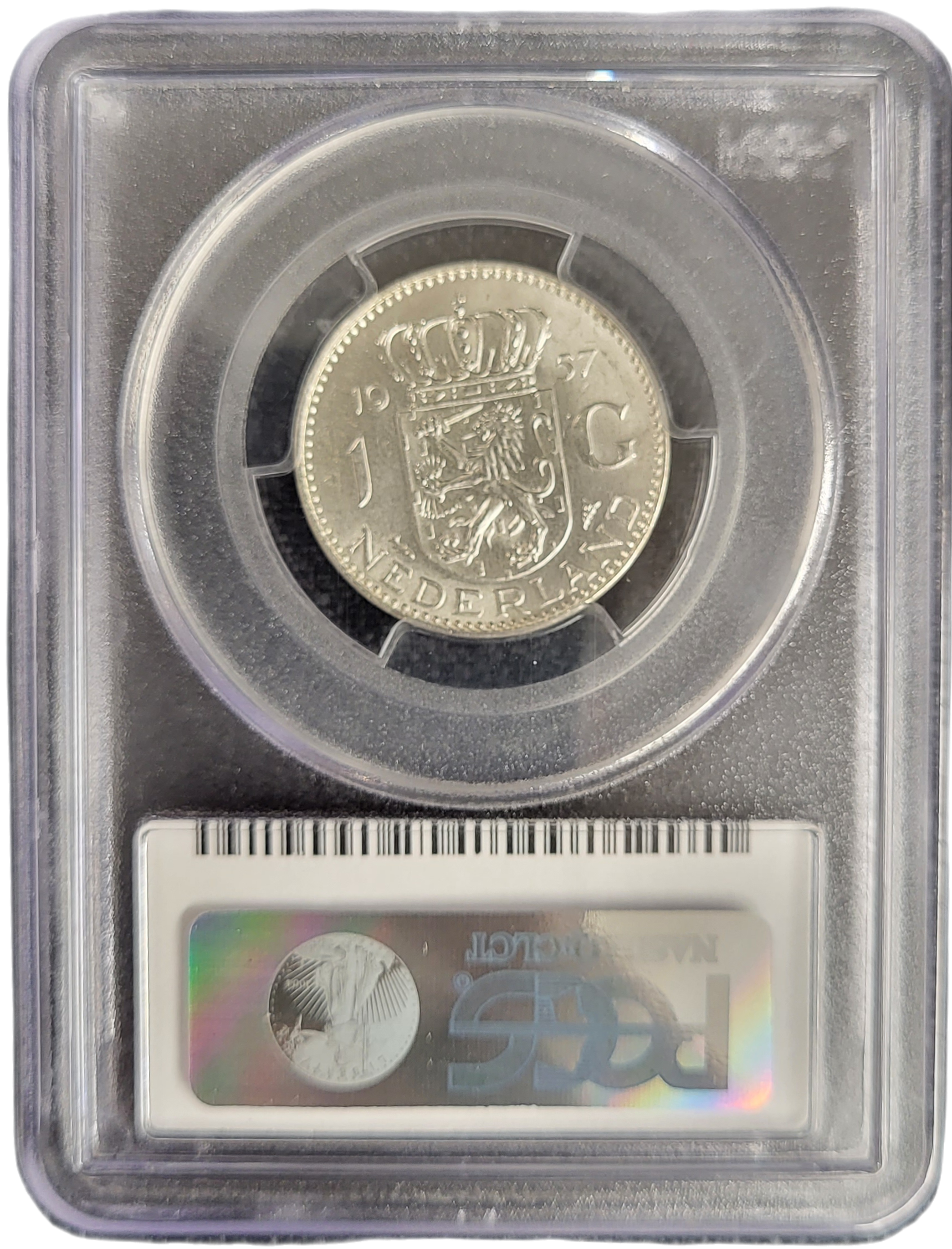 Koningin Juliana zilveren 1 gulden 1957 MS64 PCGS-back