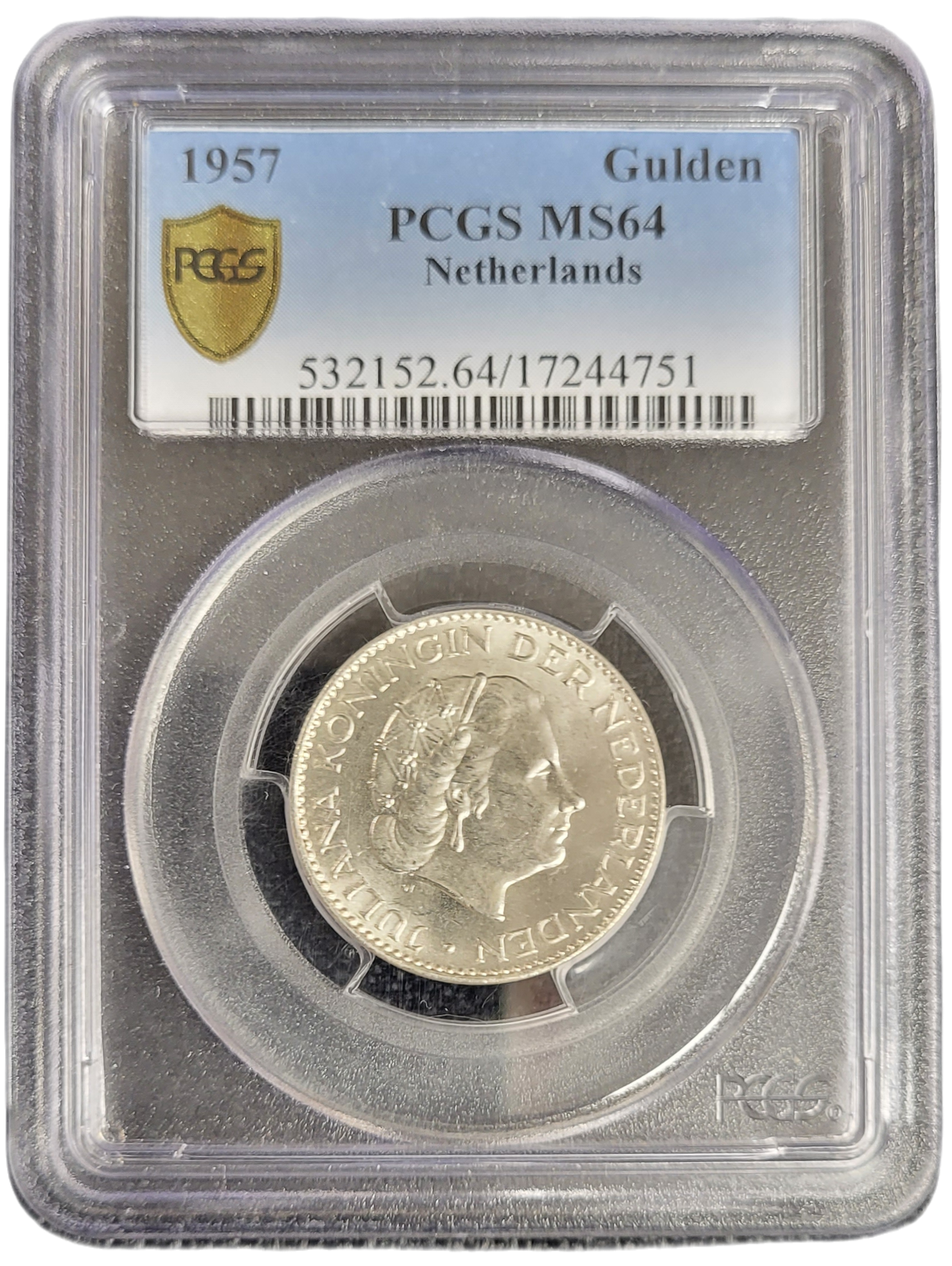 Koningin Juliana zilveren 1 gulden 1957 MS64 PCGS-front