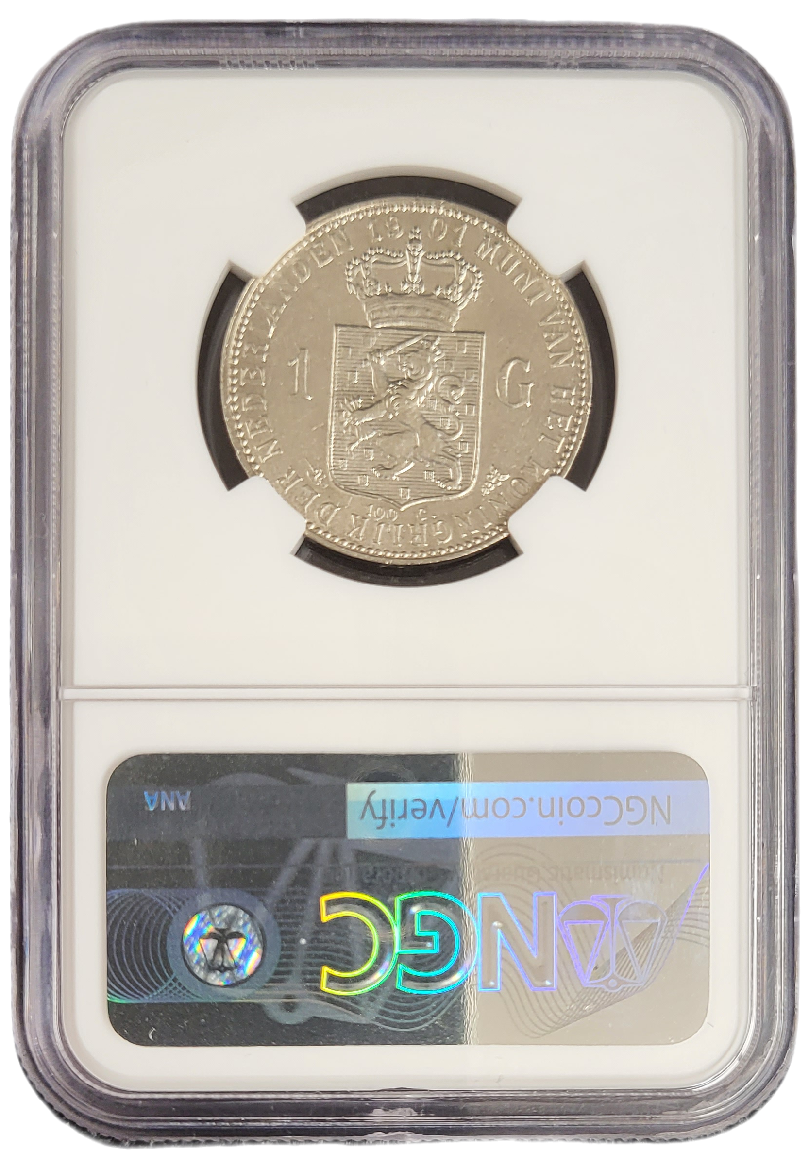 Koningin Wilhelmina 1 gulden 1901 AU58 NGC-back