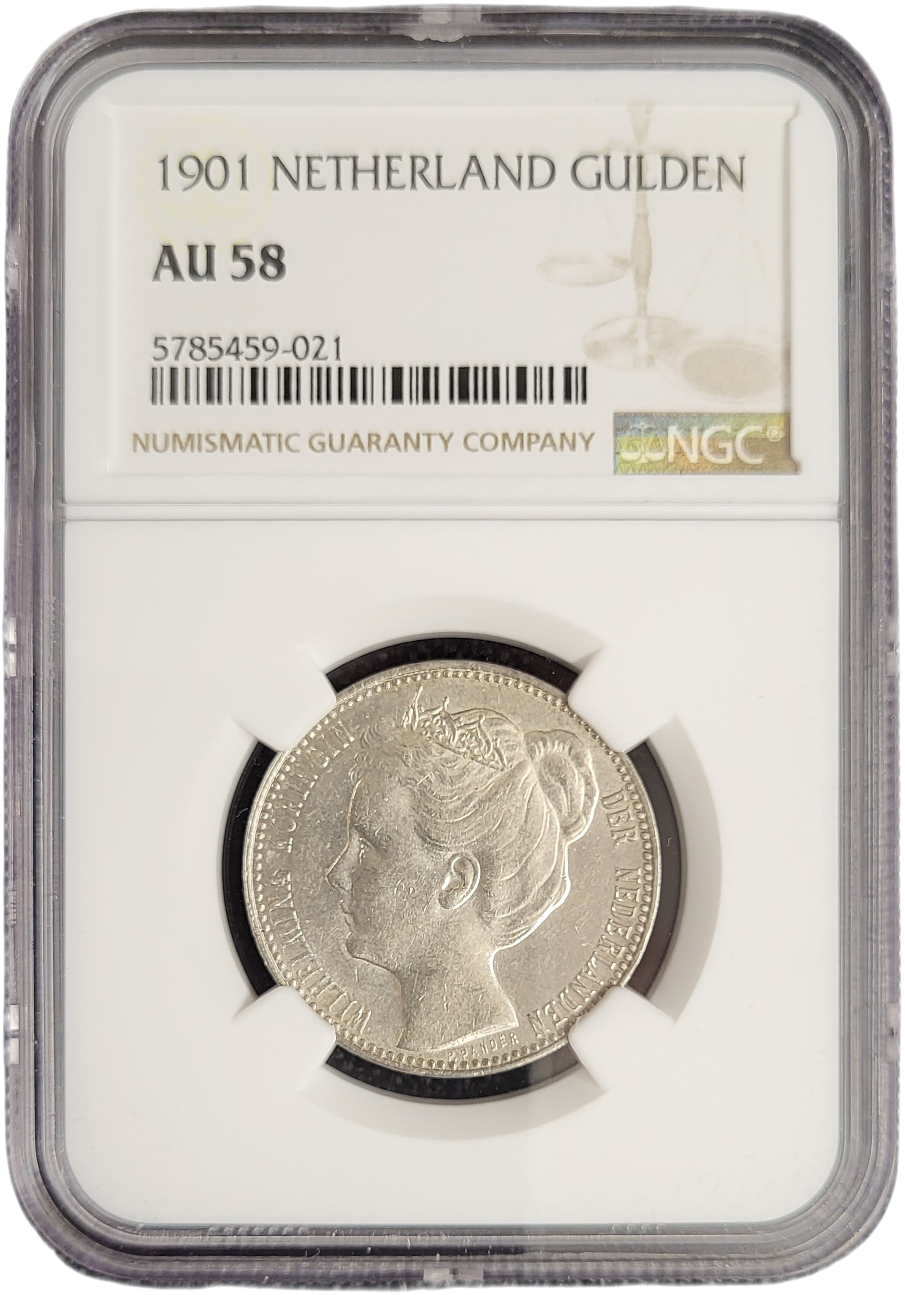 Koningin Wilhelmina 1 gulden 1901 AU58 NGC-front