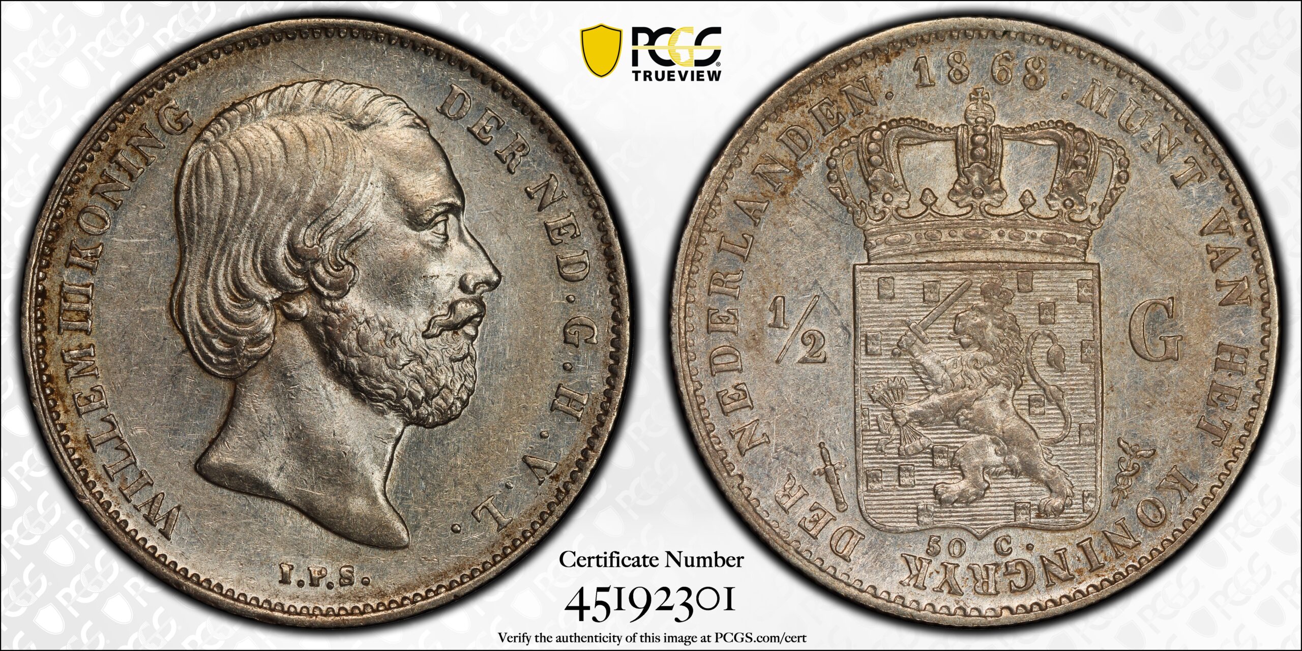 halve gulden 1868 open 8 PCGS AU58 Halve gulden 1868 open 8 PCGS AU58