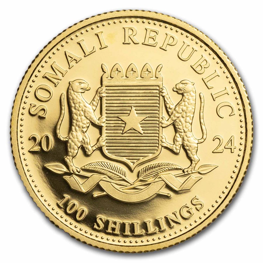 Gouden Somalische Olifant 0.1 oz 2024 achterkant Gouden Somalische Olifant 1/10 oz 2024 achterkant