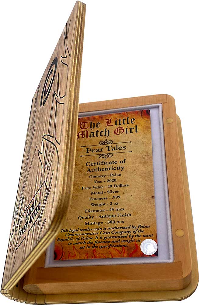 LittleMatchGirl-FearTales2oz2020 box open 101munten Little Match Girl 2 oz 2020