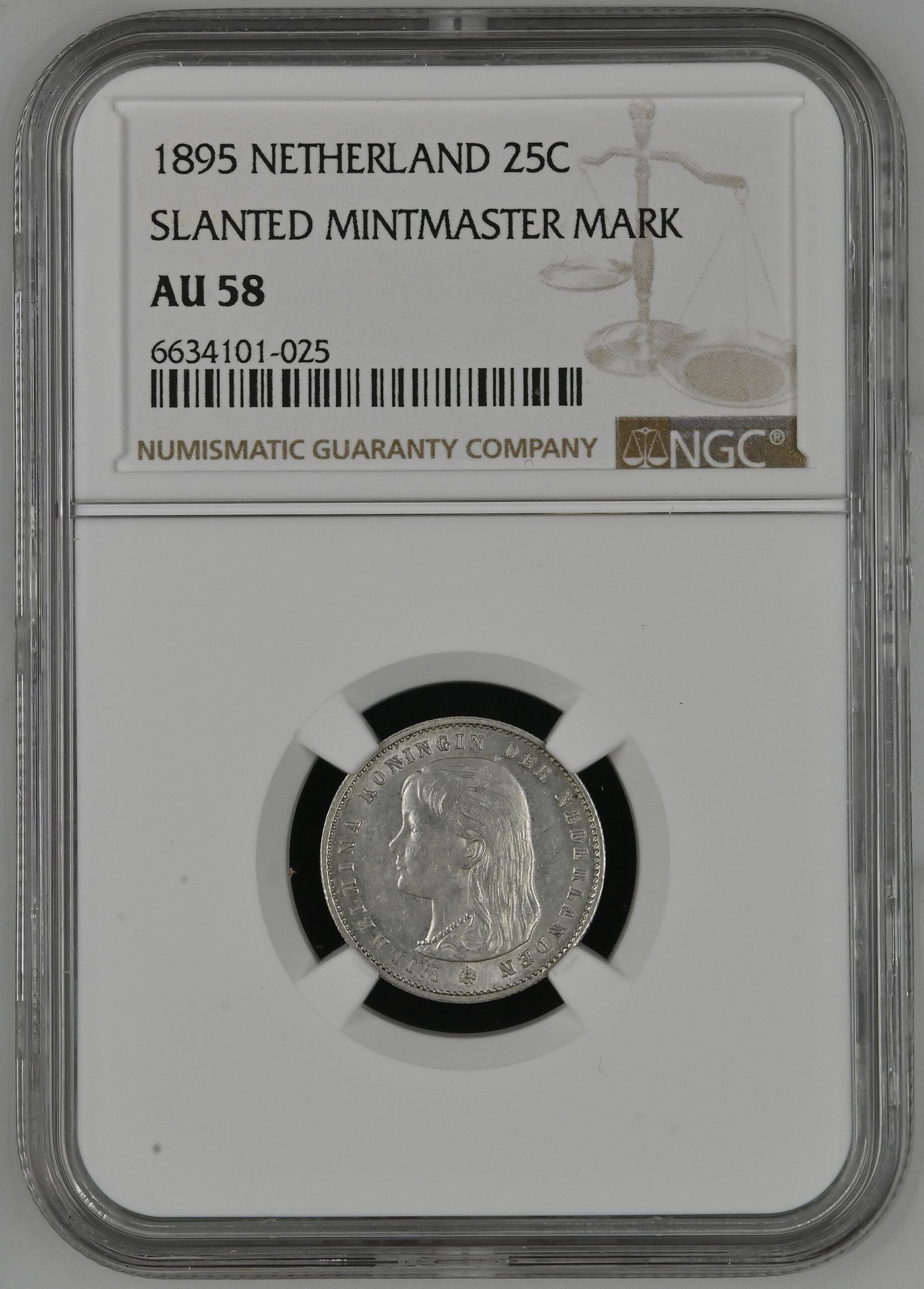 25 cent 1895 schuin muntmeesterteken AU58 NGC.1 25 cent 1895 schuin muntmeesterteken