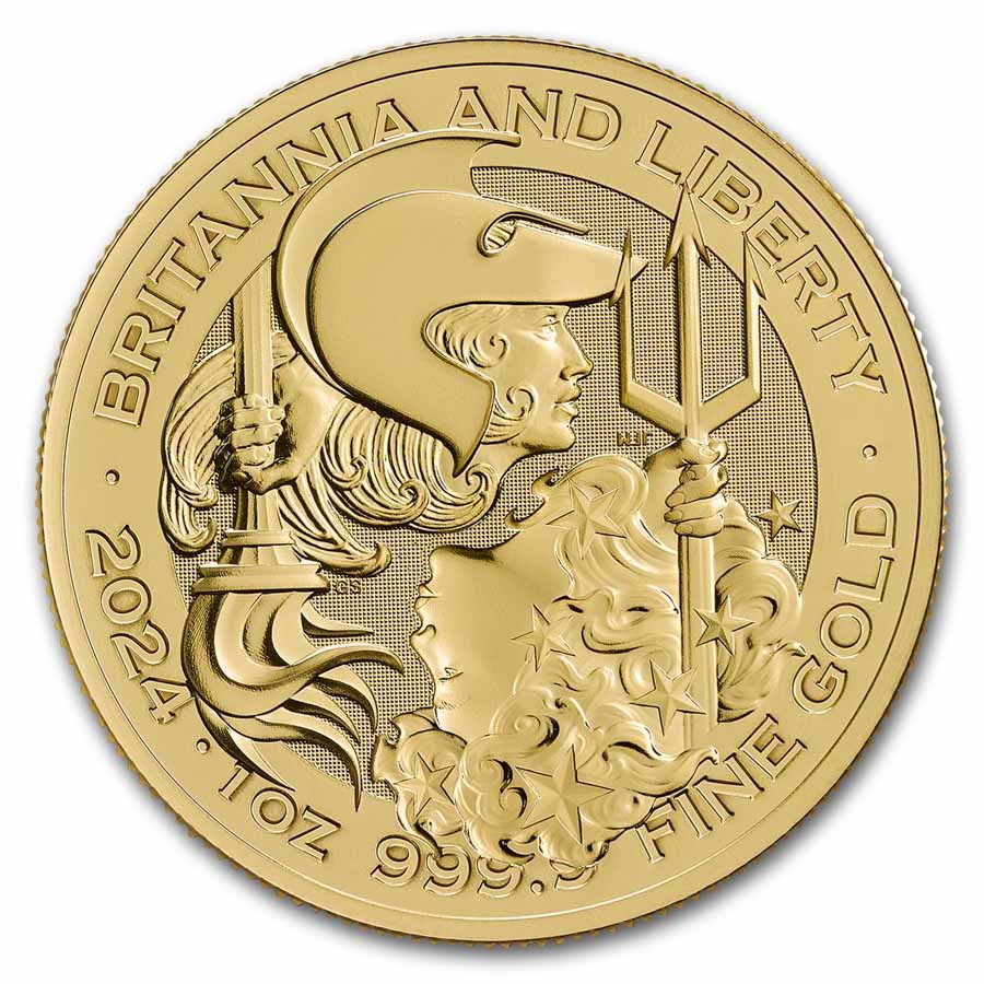 Gouden Britannia and Liberty 1 oz 2024 front 101munten Britannia and Liberty 1 oz 2024