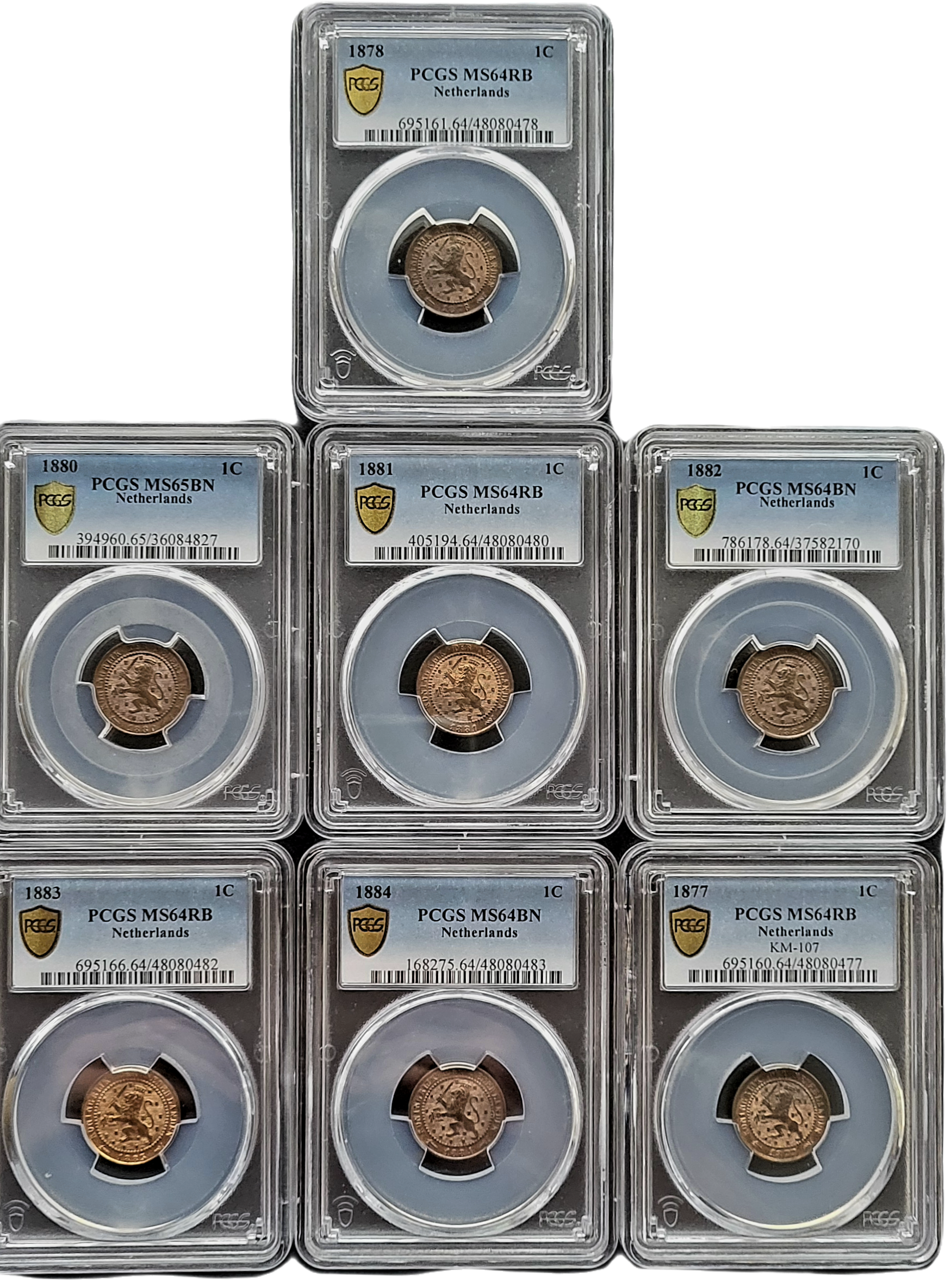 20240319_101331 1 cent 1877 t/1884 serie compleet MS64 en MS65 PCGS Population, waaronder 3 x Top Pop