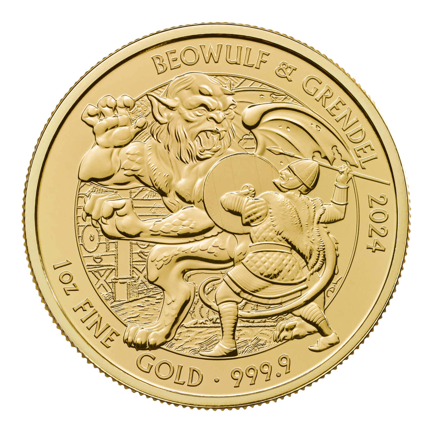 Beowulf and Grendel 1 oz gold 2024 -front beowulf and grendel