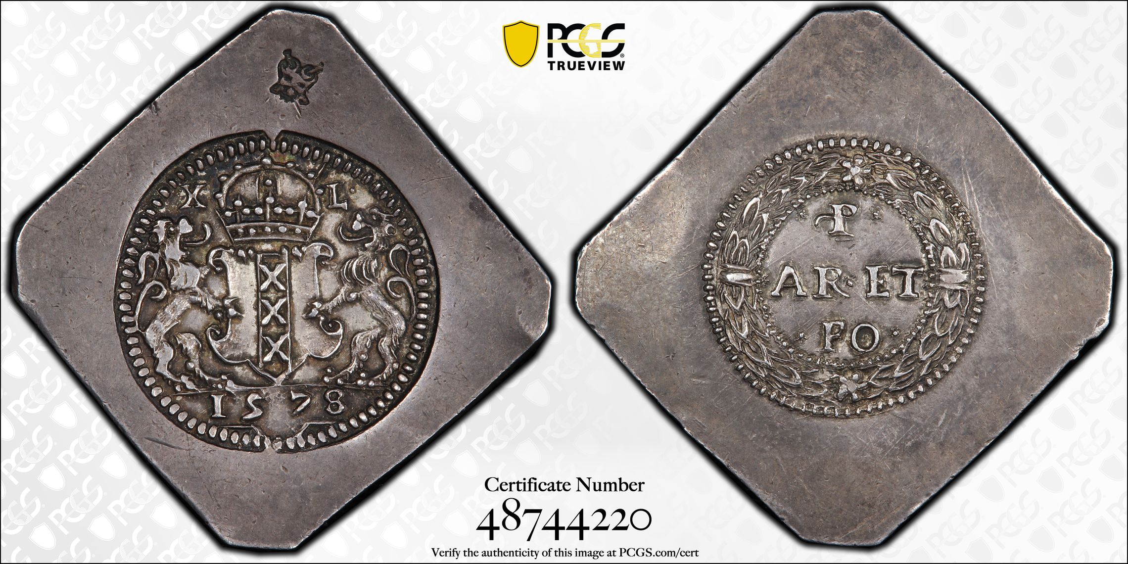 amsterdamse zilveren Noddmunt 1578 van 40 stuiver PCGS MS62 Top Pop.1 amsterdamse zilveren Noodmunt 1578 van 40 stuiver PCGS MS62 Top Pop
