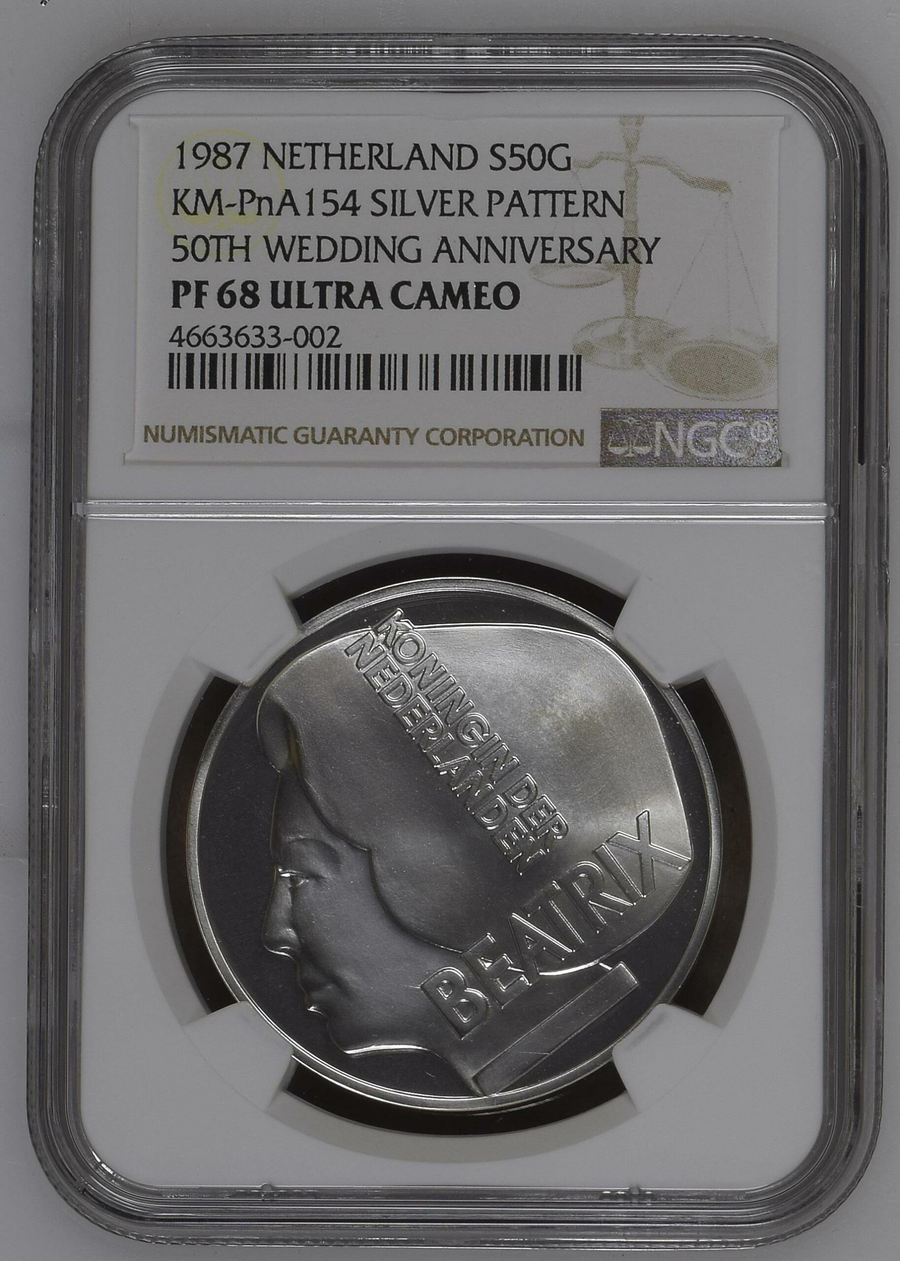 50 gulden 1987 Proefslag 50 jarig huwelijk Juliana en Bernard PF68 UCAM NGC zilver 50 gulden 1987 Proefslag 50 jarig huwelijk Juliana en Bernard PF68 UCAM NGC zilver